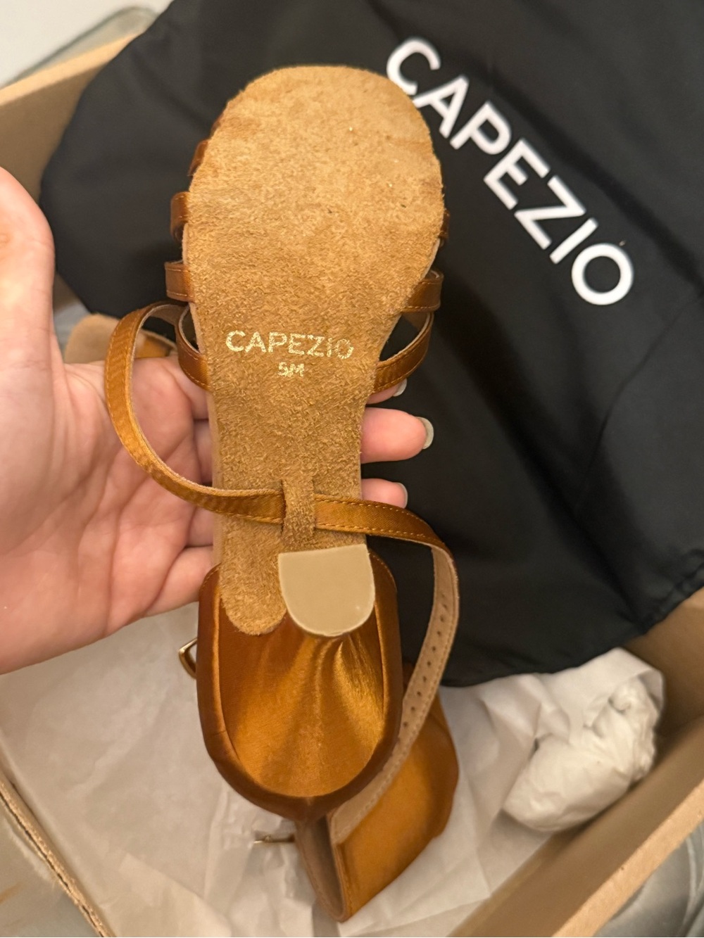 Capezio 5 Julia 2.5” Heel Ballroom Dance Shoe Cinnamon Brown Satin Strappy - Picture 7 of 9